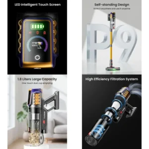 600W Cordless Vacuum Cleaner with 50kPa Suction, 65-Minute Runtime, LED Display, Anti-tangle Brush, and Self-standing Design for