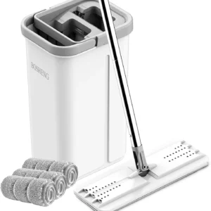 Hands-Free Flat Floor Mop and Bucket Set with Wringer, 3 Washable Microfiber Pads for Wet/Dry Cleaning on All Floors and Windows