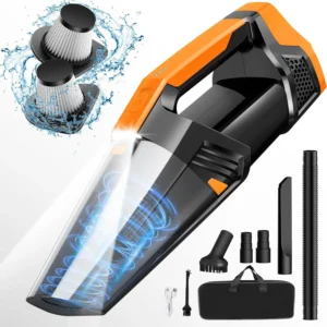 Portable Car Vacuum with LED Light, High Power Suction, Rechargeable Handheld Cleaner for Pet Hair, Orange