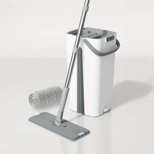 Wet & Dry Dual-Use Mop Set with Built-in Scraper, Rotatable Spin Mop & Bucket, Plastic Stainless Steel Handle for Floor Cleaning