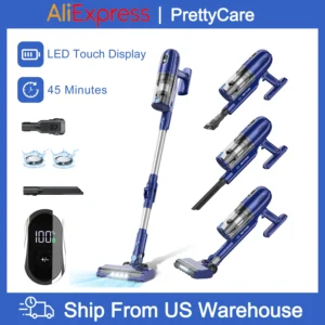 PrettyCare P1 Cordless Vacuum Cleaner 45 Mins 28Kpa Powerful Stick Vacuum with Brushless Motor LED Touch Display