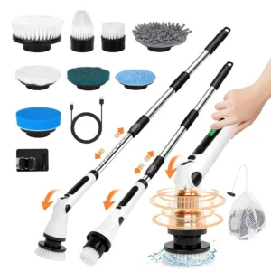 Spin Scrubber, Cordless Cleaning Brush, 54 Extendable Handle Shower Cleaner Brush 6 Adjustable Angles, 8 Brush Heads amp 2 Speed