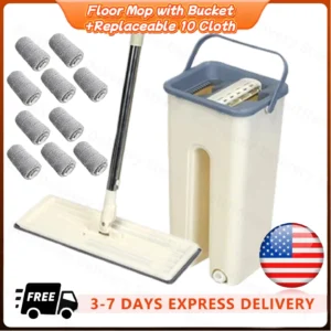 Hands Free Flat Floor Mop and Bucket 10 Washable Pads Wet and Dry Use Home Floor Cleaning System for All Floor Types and Window