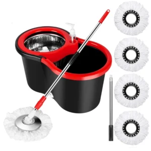 360° Spin Mop and Bucket Set - Stainless Steel with Wringer, 4 Microfiber Mop Refills, Extended Handle for Easy Floor Cleaning